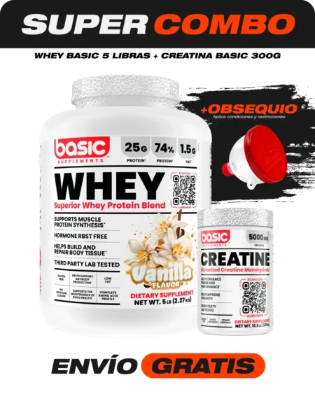 Combo Whey Basic 5 libras + Creatina Basic 300 gramos + Obsequio