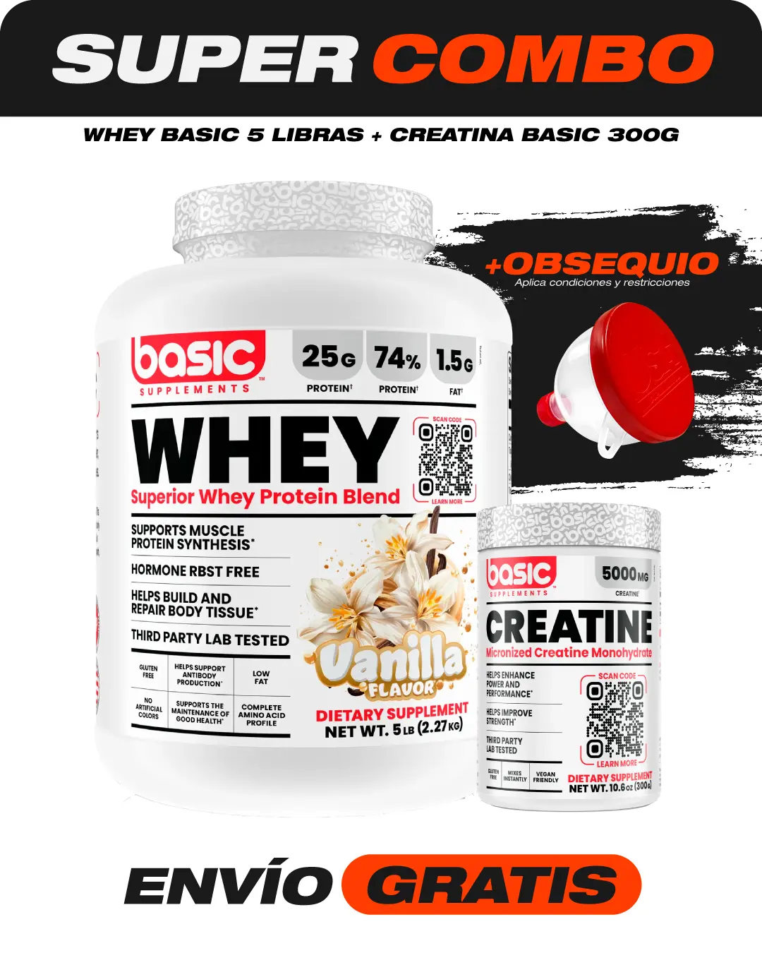 Combo Whey Basic 5 Libras + Creatina Basic 300 Gramos + Obsequio 1 Combo Whey Basic 5 libras + Creatina Basic 300 gramos + Obsequio