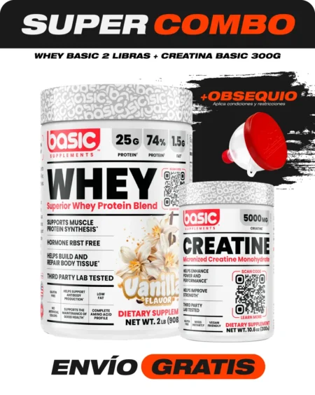 Combo Whey Basic 2 libras + Creatina Basic 300 gramos + Obsequio