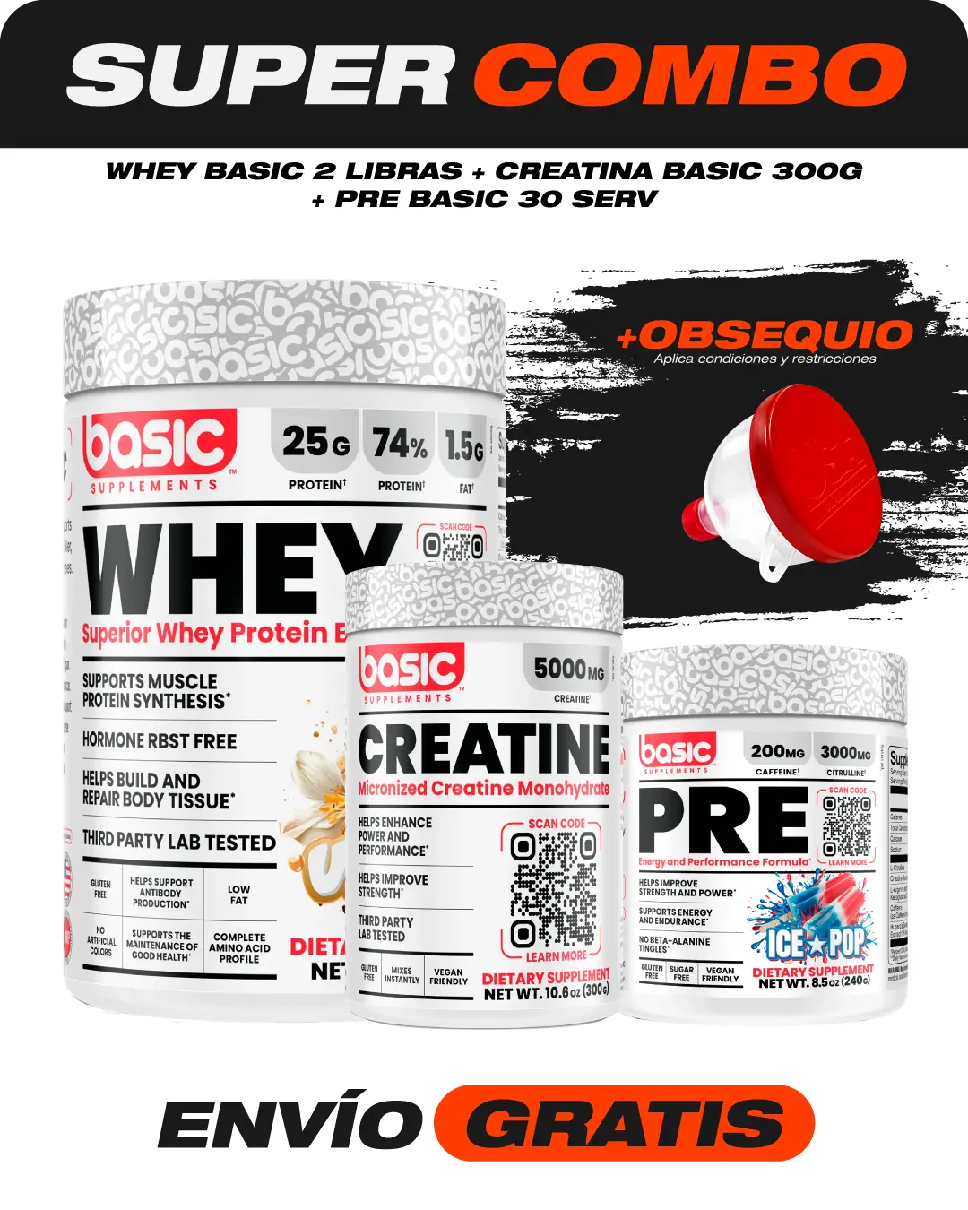 Combo Whey Basic 2 Libras + Creatina Basic 300 Gramos + Pre Basic 30 Servicios + Obsequio 1 Combo Whey Basic 2 libras + Creatina Basic 300 gramos + Pre Basic 30 servicios + Obsequio