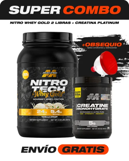 Combo Nitro Tech Whey Gold 2 libras + Creatina Platinum 90 servicios + Obsequio