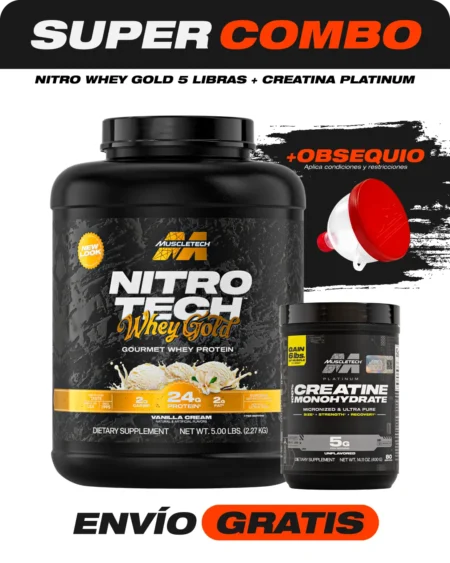 Combo Nitro Tech Whey Gold 5 libras + Creatina Platinum 90 servicios + Obsequio